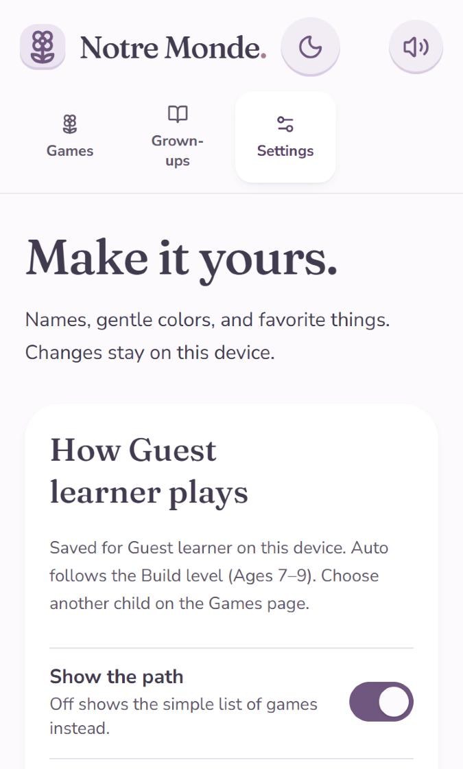Notre Monde settings screen from October 3, 2026, titled Make it yours, with options for how each child plays.